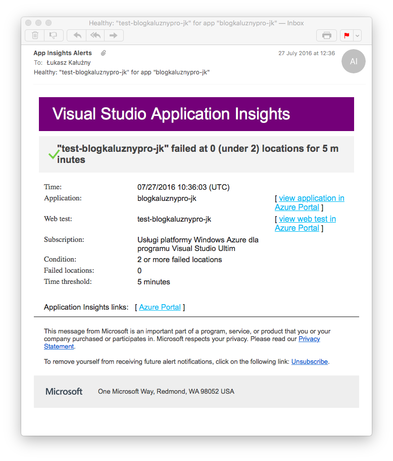 Powiadomienie o rozwiązanym alercie z Visual Studio Application Insights