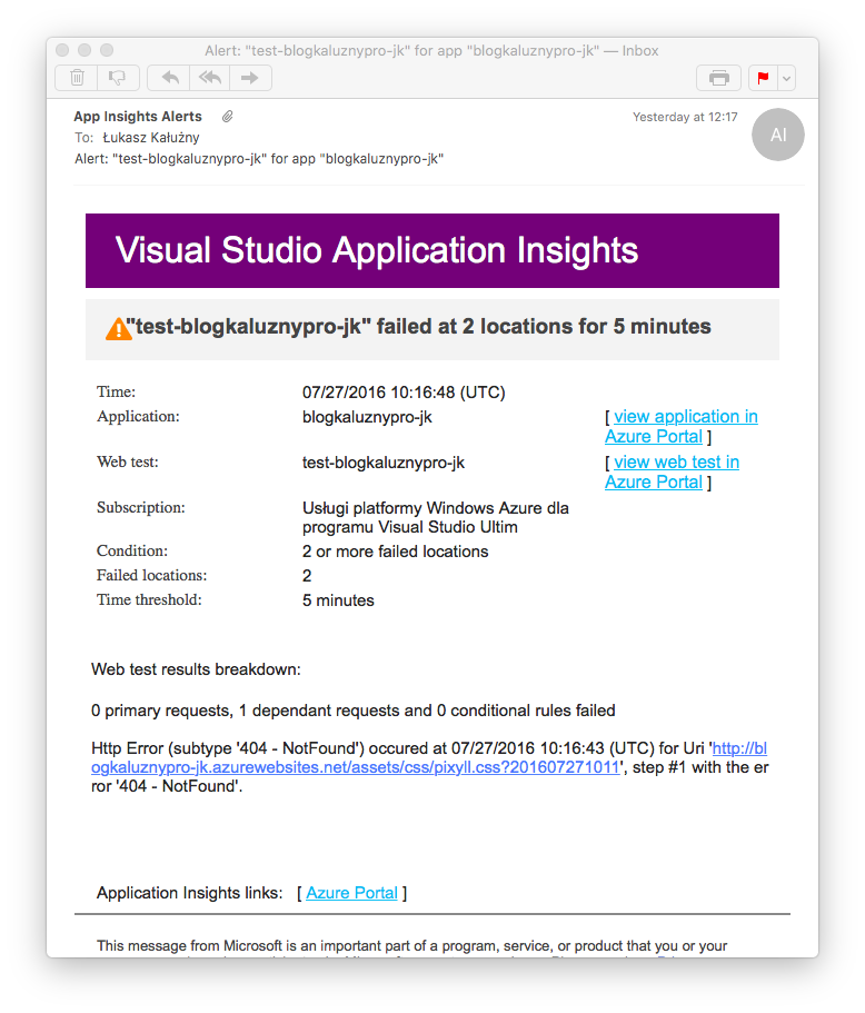 Powiadomienie z Visual Studio Application Insights